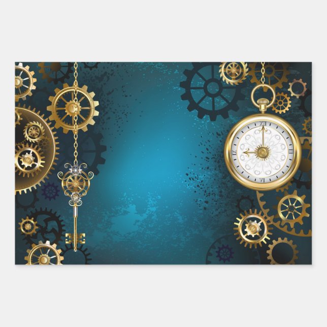 Steampunk turquoise Background with Gears Wrapping Paper Sheet (Front)