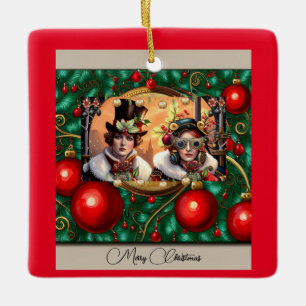 Steampunk Two Hearts Christmas Ceramic Ornament