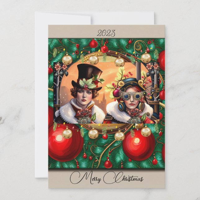 Steampunk Two Hearts Christmas Flat Holiday Card (Front)