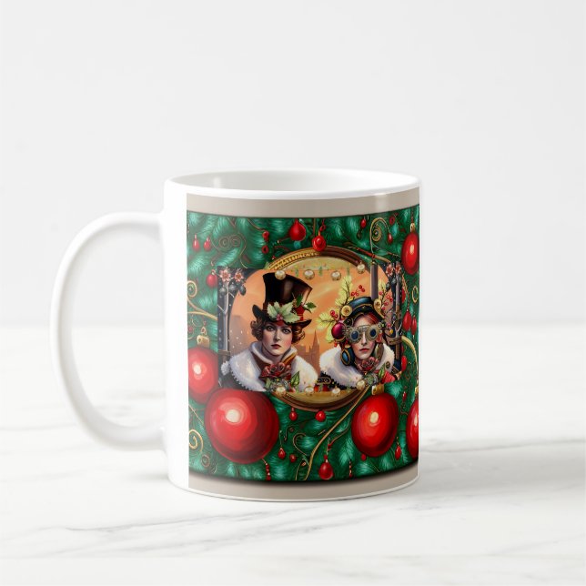 Steampunk Two Hearts Christmas Flat Holiday Card Coffee Mug (Left)