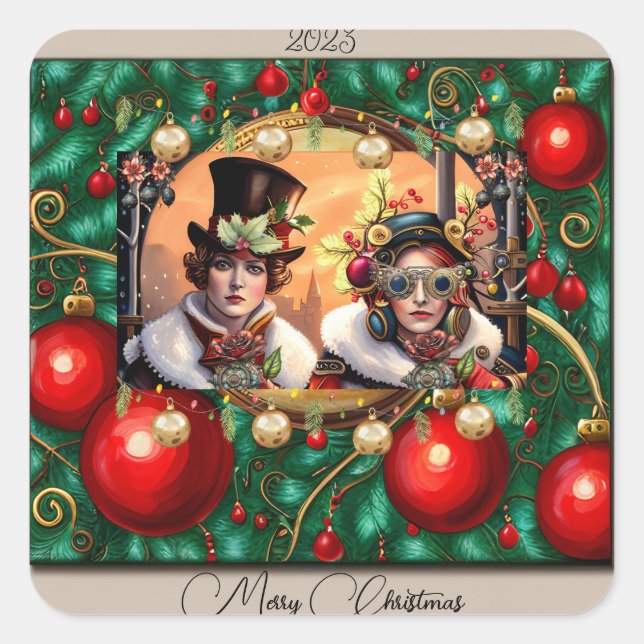Steampunk Two Hearts Christmas  Square Sticker (Front)