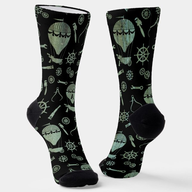 Steampunk Verdigris Balloons Subtly Monogrammed Socks (Angled)