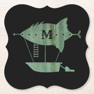 Steampunk Verdigris Bronze Airship Monogram Paper Coaster