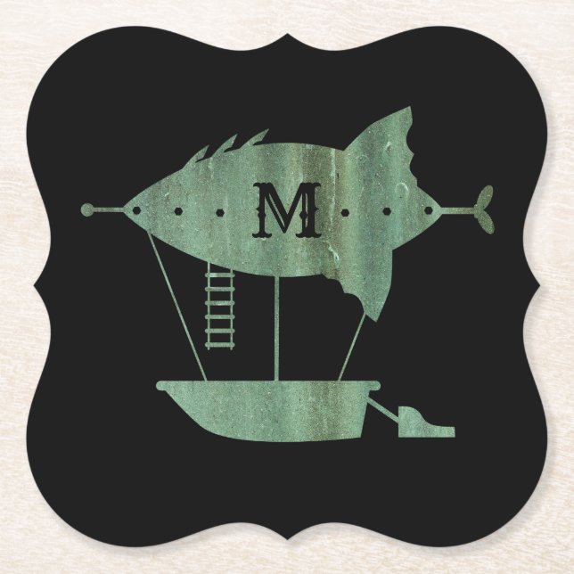 Steampunk Verdigris Bronze Airship Monogram Paper Coaster (Front)