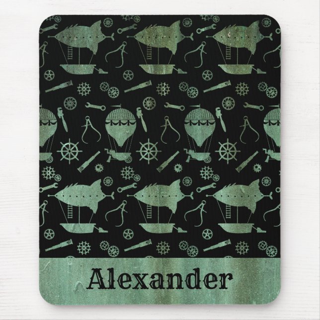 Steampunk Verdigris Bronze Airships Custom Name Mouse Mat (Front)