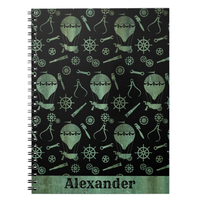 Steampunk Verdigris Bronze Ballooning Custom Name Notebook (Front)