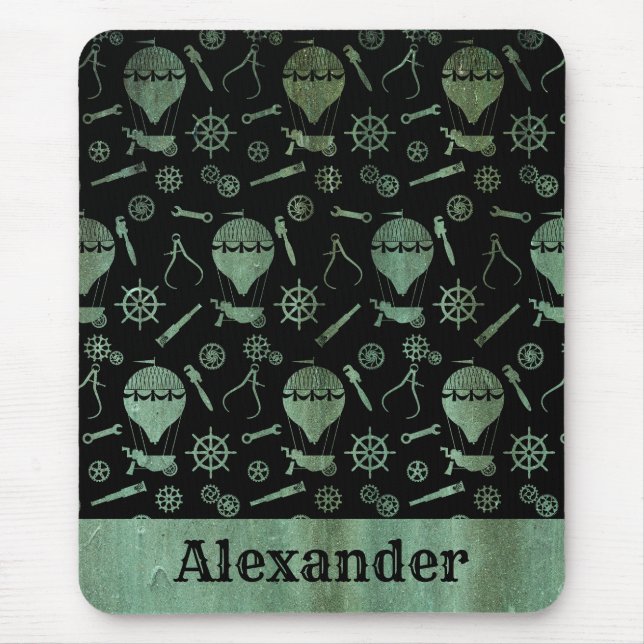 Steampunk Verdigris Bronze Balloons Custom Name Mouse Mat (Front)
