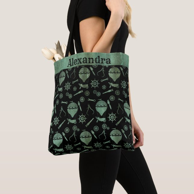 Steampunk Verdigris Bronze Balloons Custom Name Tote Bag (Close Up)