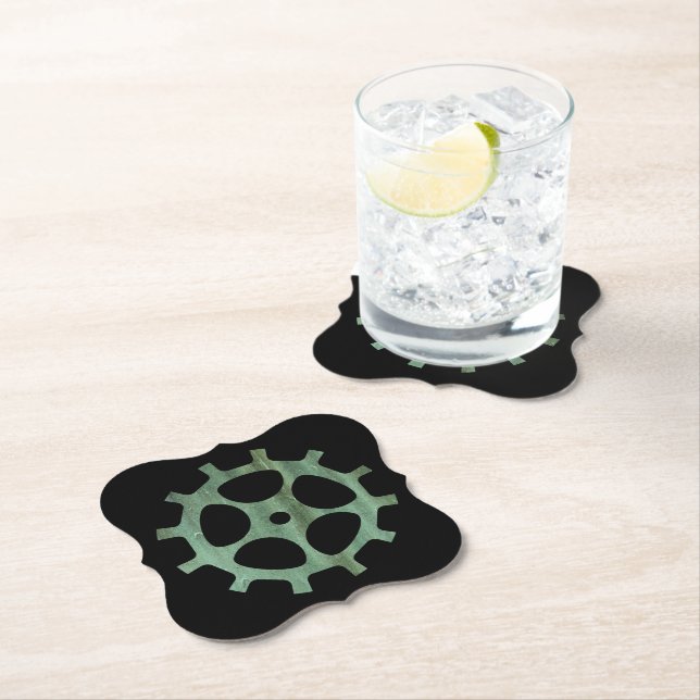 Steampunk Verdigris Bronze Gear VIII Paper Coaster (Insitu)