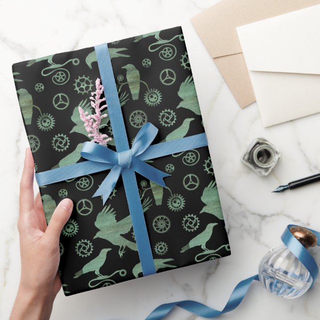 Steampunk Verdigris Bronze Gears and Crows Wrapping Paper (Gifting)