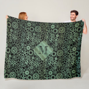 Steampunk Verdigris Bronze Gears Custom Monogram Fleece Blanket