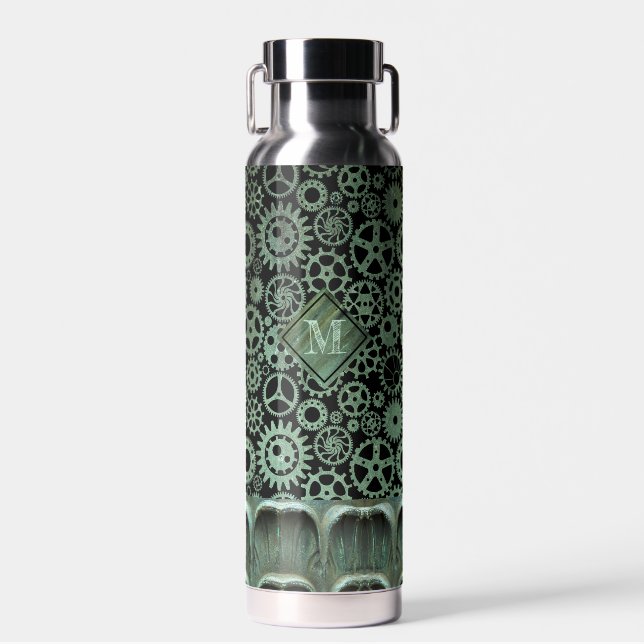 Steampunk Verdigris Bronze Gears Custom Monogram Water Bottle (Front)