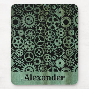 Steampunk Verdigris Bronze Gears Custom Name Mouse Mat