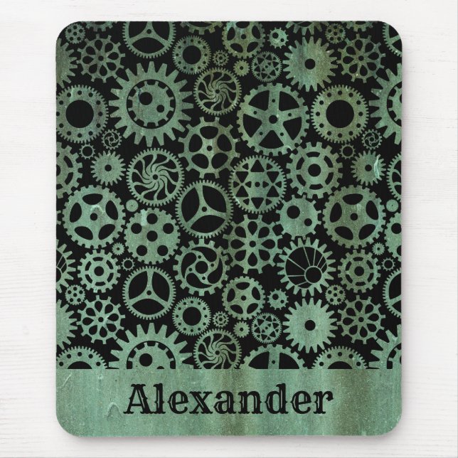 Steampunk Verdigris Bronze Gears Custom Name Mouse Mat (Front)