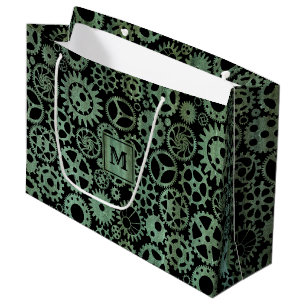 Steampunk Verdigris Bronze Gears Monogram Block Large Gift Bag