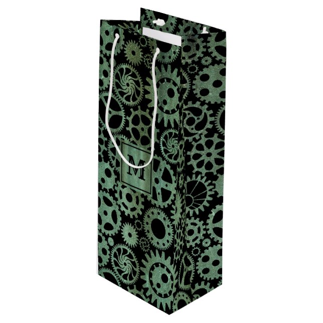 Steampunk Verdigris Bronze Gears Monogram Block Wine Gift Bag (Front Angled)