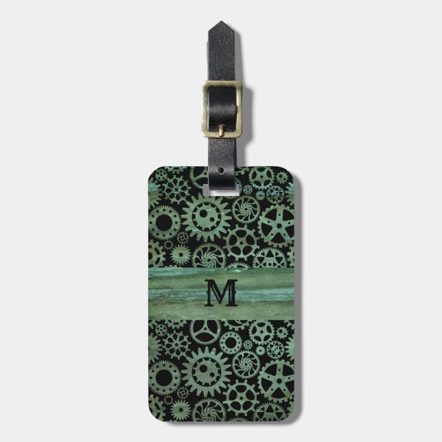Steampunk Verdigris Bronze Gears Monogram Luggage Tag (Front Vertical)