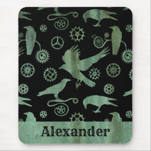 Steampunk Verdigris Gears and Crows Custom Name Mouse Mat