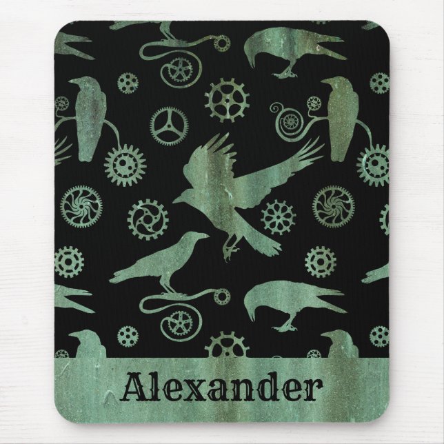 Steampunk Verdigris Gears and Crows Custom Name Mouse Mat (Front)