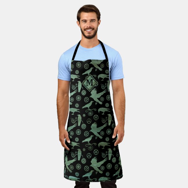 Steampunk Verdigris Gears and Crows Monogram Apron (Worn)