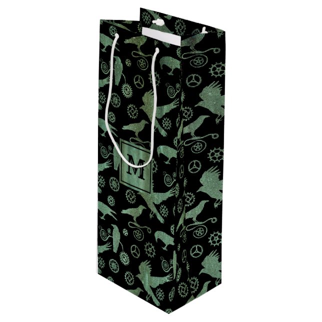 Steampunk Verdigris Gears and Crows Monogram Block Wine Gift Bag (Front Angled)