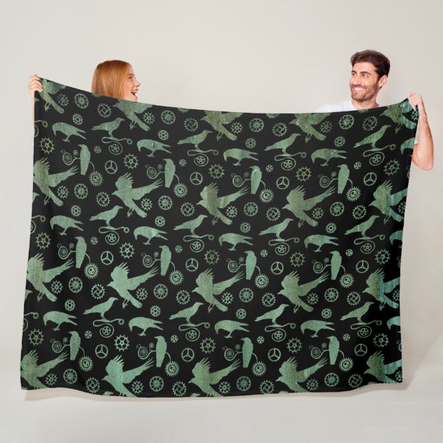Steampunk Verdigris Gears and Crows Monogram Fleece Blanket (In Situ)