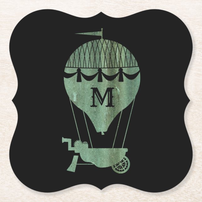 Steampunk Verdigris Hot Air Balloon Monogram Paper Coaster (Front)