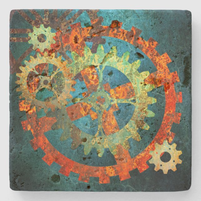 Steampunk Verdigris Rusty Cogwheel Stone Coaster (Front)