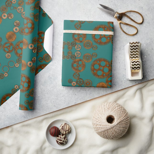 Steampunk Verdigris Rusty Gears Pattern Wrapping Paper (Crafts)