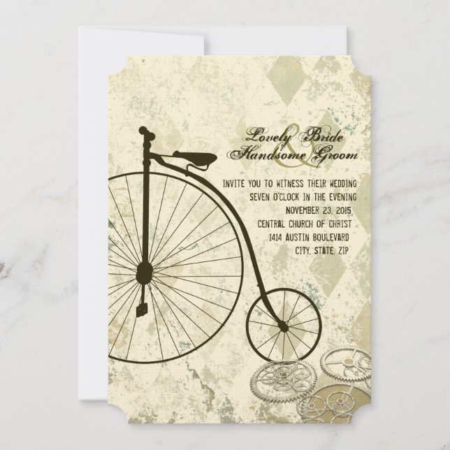 Steampunk Victorian Bicycle Wedding Invitation (Front)