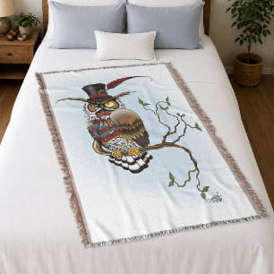 Steampunk Victorian Dapper Owl Top Hat Vintage Throw Blanket