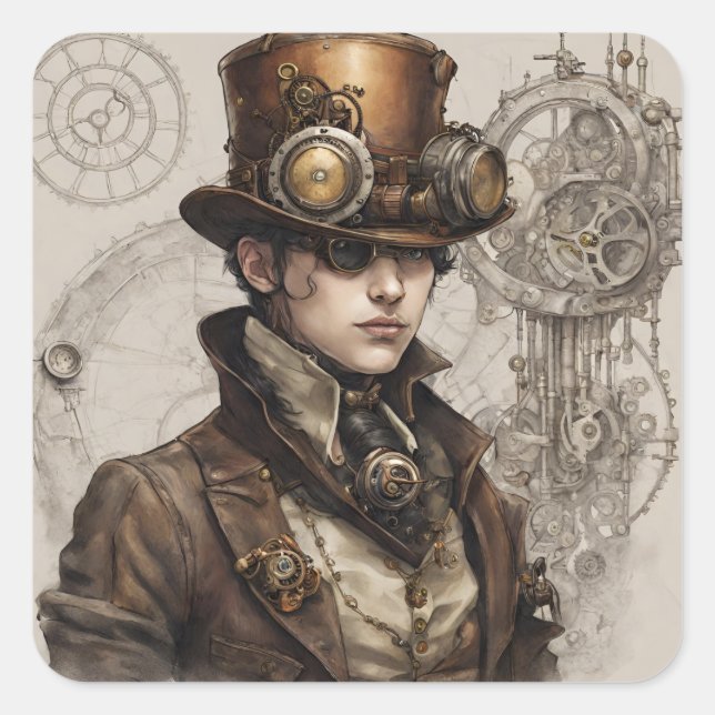 Steampunk Victorian Gentleman Artwork Square Sticker (Front)