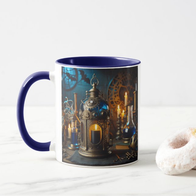 Steampunk Victorian Gothic Scientists Lab Lantern Mug (With Donut)