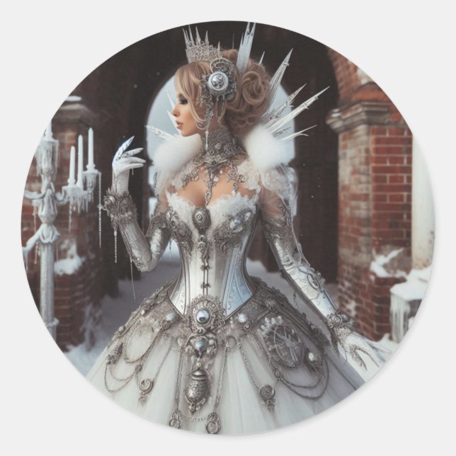Steampunk Victorian Industrial Winter Ice Queen Classic Round Sticker (Front)