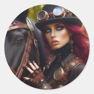 Steampunk Victorian Lady Dark Rider Classic Round Sticker