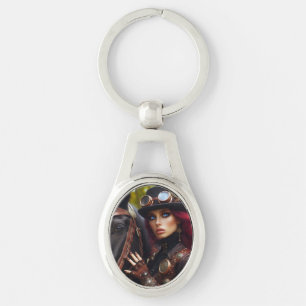 Steampunk Victorian Lady Dark Rider Key Ring