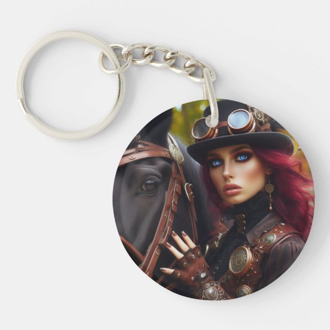 Steampunk Victorian Lady Dark Rider Key Ring (Front)