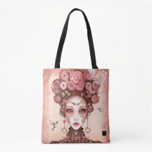 STEAMPUNK VINTAGE BEAUTY DOLL FACE PINK TOTE BAG