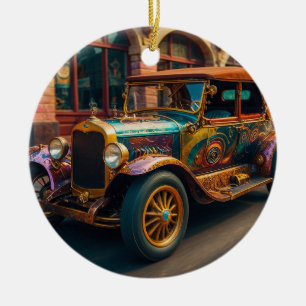 Steampunk Vintage Car in Town Ceramic Tree Decoration