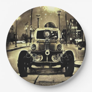Steampunk Vintage Car & Streetlights Paper Plate