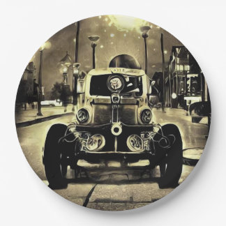 Steampunk Vintage Car & Streetlights Paper Plate