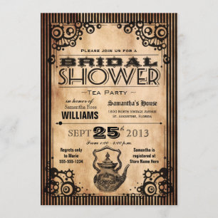 Steampunk Vintage Look Bridal Shower Tea Party Invitation