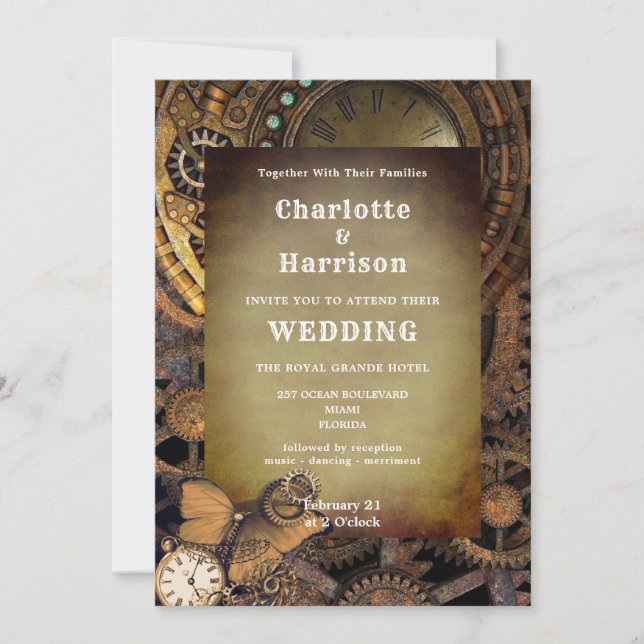 Steampunk Vintage Mechanical Gears Butterfly Invitation (Front)