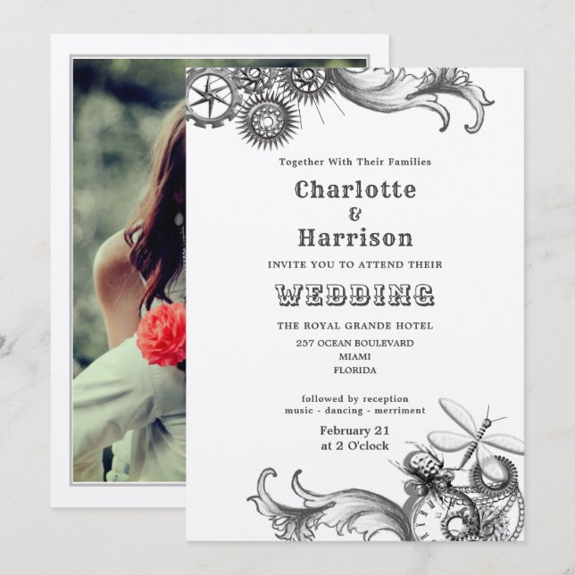 Steampunk Vintage Mechanical Gears Insects Photo Invitation (Front/Back)