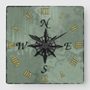Steampunk Vintage Old Compass Rose Square Wall Clock