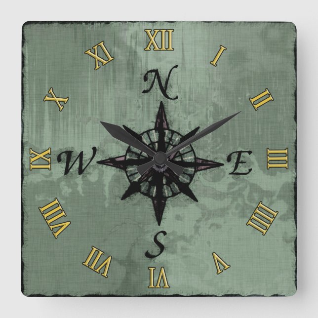 Steampunk Vintage Old Compass Rose Square Wall Clock (Front)