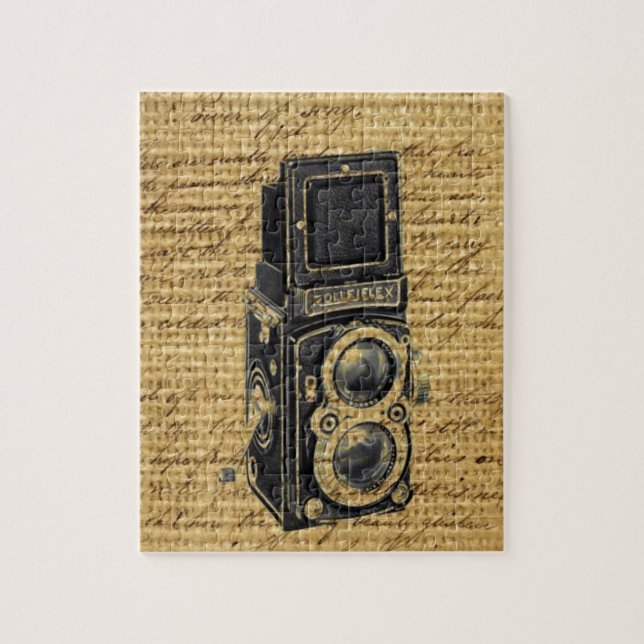 steampunk vintage scripts burlap antique camera jigsaw puzzle (Vertical)