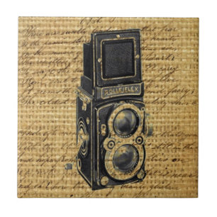 steampunk vintage scripts burlap antique camera tile