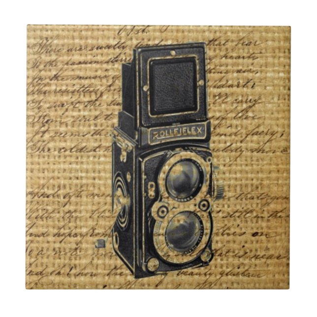 steampunk vintage scripts burlap antique camera tile (Front)