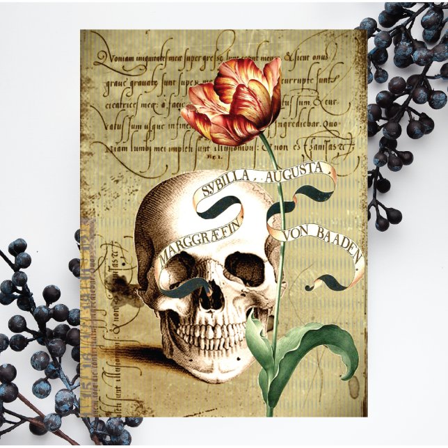 Steampunk Vintage Skull Floral Writing Holiday Postcard (Creator Uploaded)